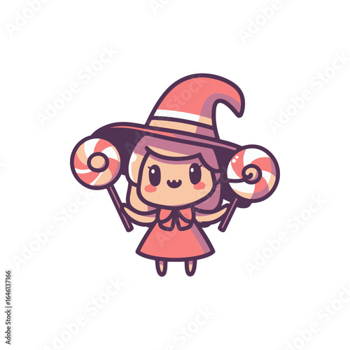 Cute cartoon witch holding colorful lollipops in a whimsical, cheerful setting