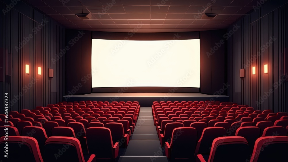 Fototapeta premium Empty Movie Theater with Red Seats and a Large Blank Screen Ready for a Film Screening or Presentation Event with Atmospheric Lighting