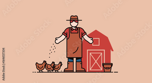 Illustration of a farmer feeding chickens in a rural setting with barn backdrop offering a rustic farm lifestyle view