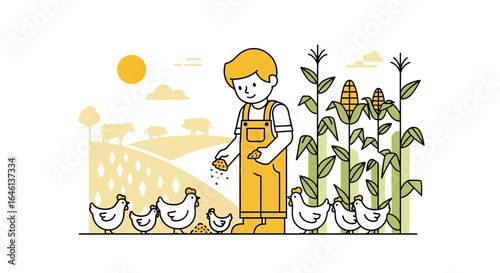 Illustration of a farmer feeding chickens in a rural setting near cornfields and livestock