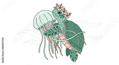Illustrative image of a turtle with flowers hugging a jellyfish on white background