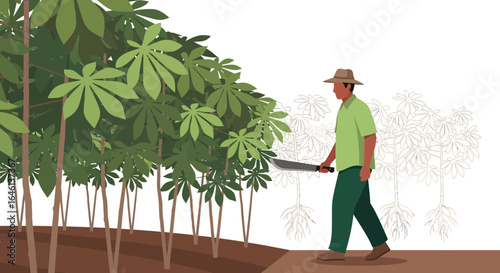 Illustration of a farmer harvesting cassava plants with a machete in a field setting showing agricultural work with tropical crops