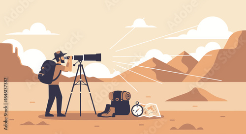 Illustrative journey of a desert explorer, a vintage journey with a sense of adventure
