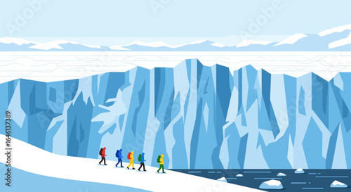 Illustrative journey through antarctica: a group of hikers explore the icy terrain near glaciers depicting adventure
