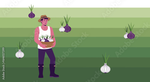Illustration of a farmer harvesting onions in a field showcasing agricultural abundance and simple farming life