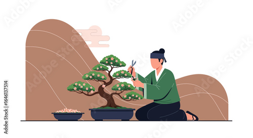 Illustrative representation of a bonsai tree gardener meticulously pruning the plant in a traditional setting