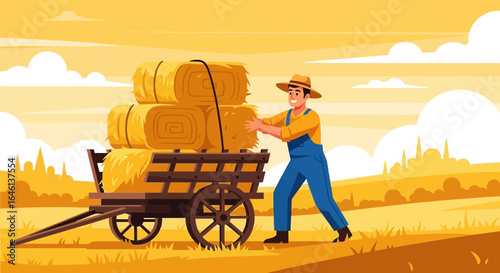 Illustration of a farmer pushing a cart full of hay bales in a sunny field scene
