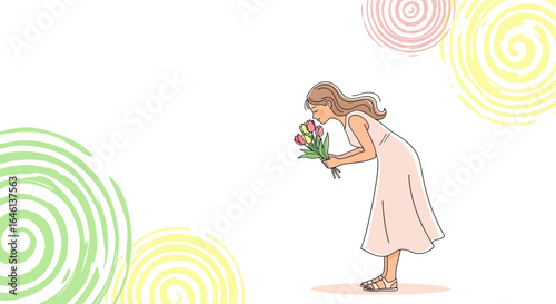 Illustration of a woman in a pink dress smelling a bouquet of tulips in spring time
