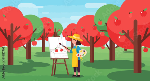 Illustration of a woman painting apples on canvas in an apple orchard on a sunny day creating a vibrant and colorful scene