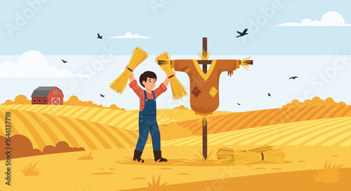 Illustrative scene of a farmer adding straw to a scarecrow in a golden field landscape