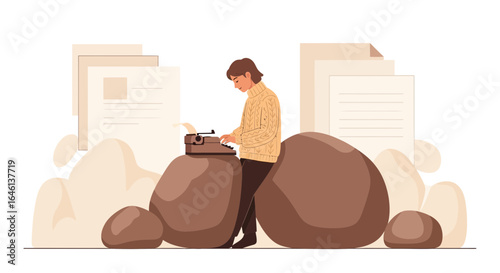 Illustrative Scene of a Writer Composing on a Typewriter with Rustic Stone Setting