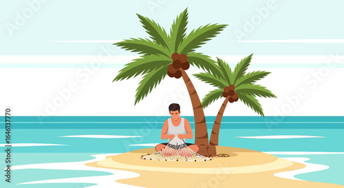 Illustration of a fisherman mending his net under palm trees on a tropical island paradise scene