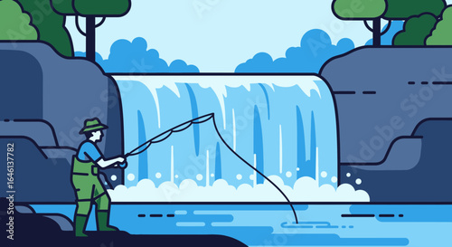 Illustration of a fisherman casting his line near a scenic waterfall in nature