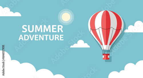 Illustrative summer adventure background with hot air balloon for vacation designs