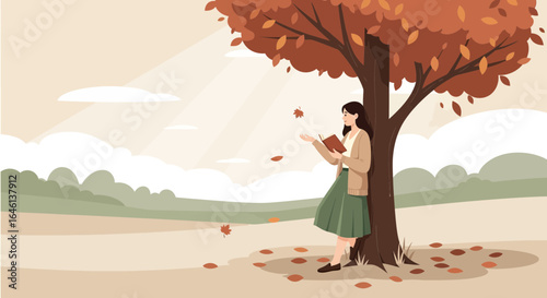 Illustration of a woman reading under an autumn tree, bathed in soft sunlight, creating a serene and peaceful autumnal scene