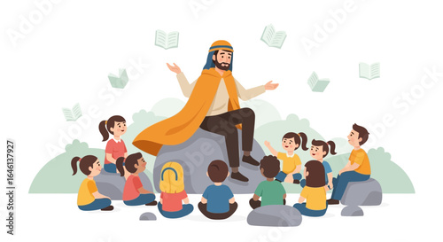 Illustrative storytelling scene with a teacher and a group of attentive children