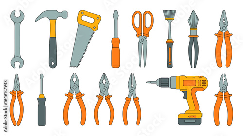 Variety of Hand Tools for Home Improvement and Repair Work Construction Equipment Icons Isolated on White Background for Craftsmen and Diy Enthusiasts