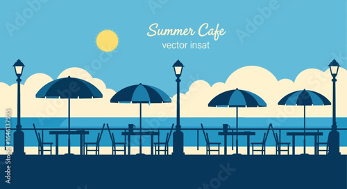 Illustrative summer cafe scene on the beach with sun, umbrellas and streetlights for a relaxing vacation