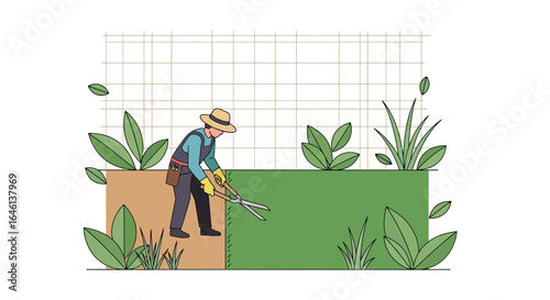 Illustration of a gardener trimming a hedge with large shears in a backyard setting