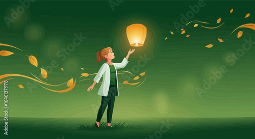 Illustration of a woman releasing a sky lantern into a tranquil autumn evening scene