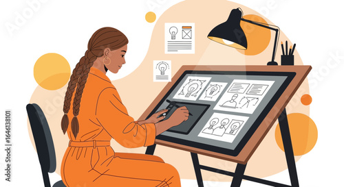 Illustrator creates storyboards with digital pen on a computer screen with lamp