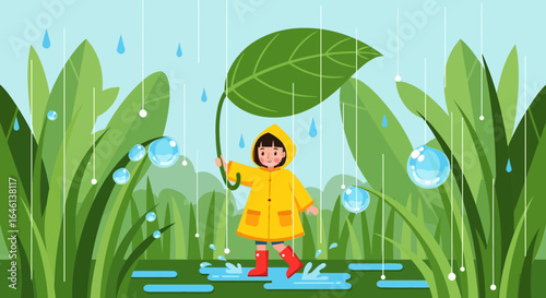 Illustration of a girl enjoying the rainy season with a leaf umbrella in a puddle
