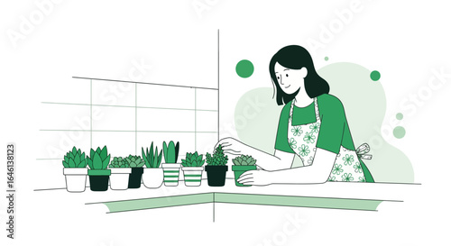Illustration of a woman tending to her potted succulents in a bright kitchen space