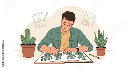 Illustrator working on a new project drawing succulent and cactus plants illustrations