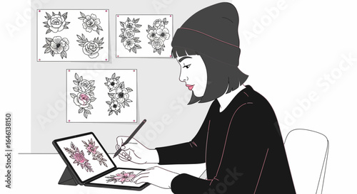 Illustrator drawing floral designs on a digital tablet in her studio workspace environment at her studio workspace