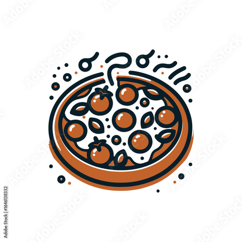 Illustration of a delicious pizza topped with tomatoes and basil, surrounded by decorative elements