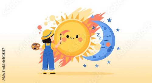 Illustration of a girl painting a smiling sun next to a sleeping moon illustration
