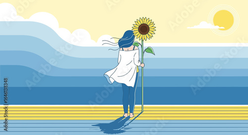 Illustration of a woman with a sunflower contemplating the sea on a sunny day