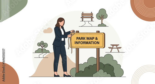 Illustration of a Woman with a Map and Information Board in the Park Depicting Amenities