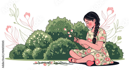 Illustration of a girl making flower crown in a garden surrounded by green bushes and flowers