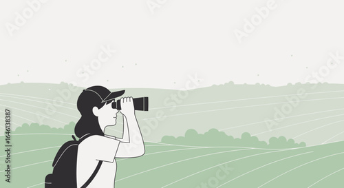 Illustration of a woman with binoculars enjoying the landscape and discovering new places concept with vector design and neutral color palette