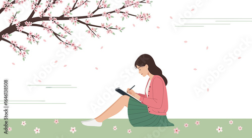 Illustration of a woman writing under a blooming cherry tree creating a peaceful atmosphere