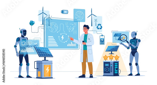 Innovation in renewable energy, scientist and robots developing sustainable solutions