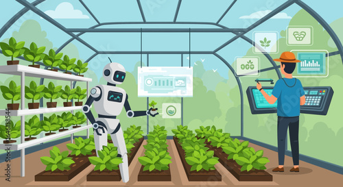 Innovative agriculture concept showcasing smart farming with robot and farmer in greenhouse