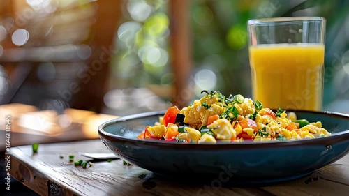 Nutritious breakfast of scrambled eggs with vegetable