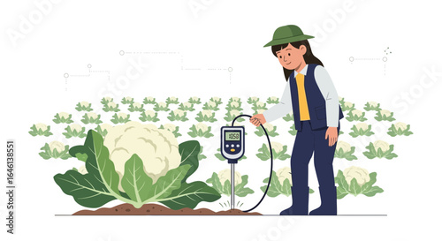 Innovative Agriculture Female Farmer Monitoring Soil Moisture For Better Cauliflower Production