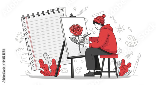Illustration of a Young Artist Painting a Red Rose on Canvas with Creative Elements