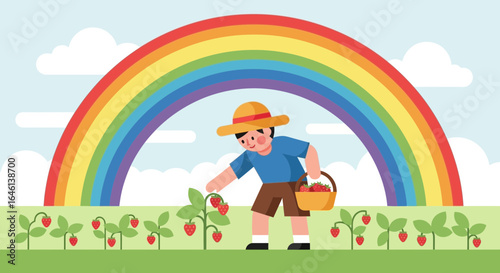 Illustration of a happy boy picking strawberries under a vibrant rainbow landscape illustration vector graphic minimal design