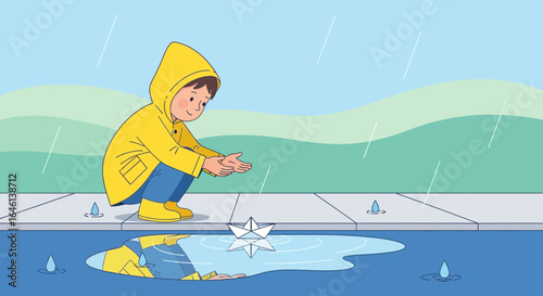 Illustration of a young boy in a yellow raincoat playing with a paper boat in the rain illustrating the joy of childhood