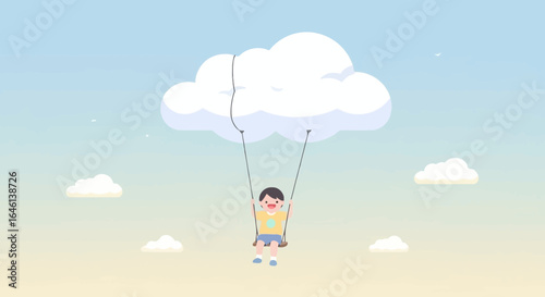 Illustration of a happy boy on a swing suspended from a cloud in a serene sky