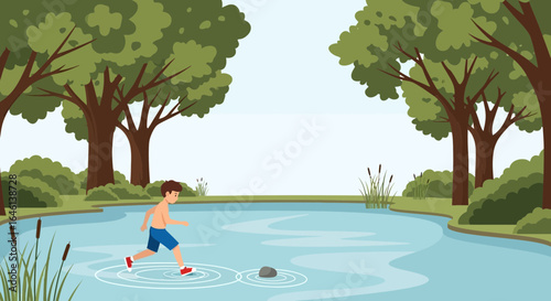 Illustration of a young boy in shorts walking across a tranquil lake surrounded by trees and greenery