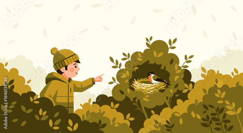 Illustration of a young boy discovering a bird's nest in a bushy tree nature scene