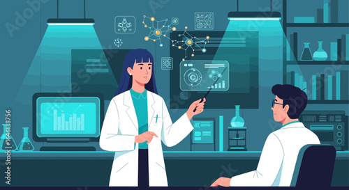 Innovative science presentation with scientists presenting complex data illustration