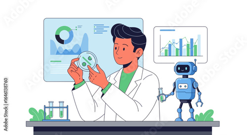 Innovative scientist and ai robot collaborate on research with advanced laboratory analytics displayed