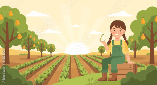 Illustration of a young farmer girl holding a pear in a scenic orchard landscape