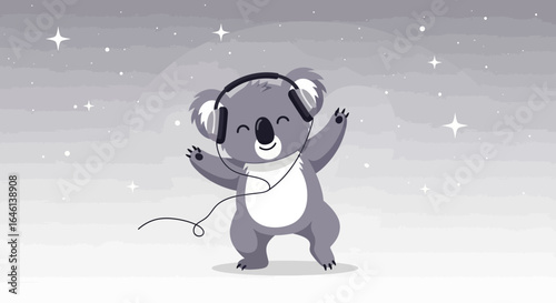 Illustration of a happy Koala bear dancing with headphones in a starry atmosphere